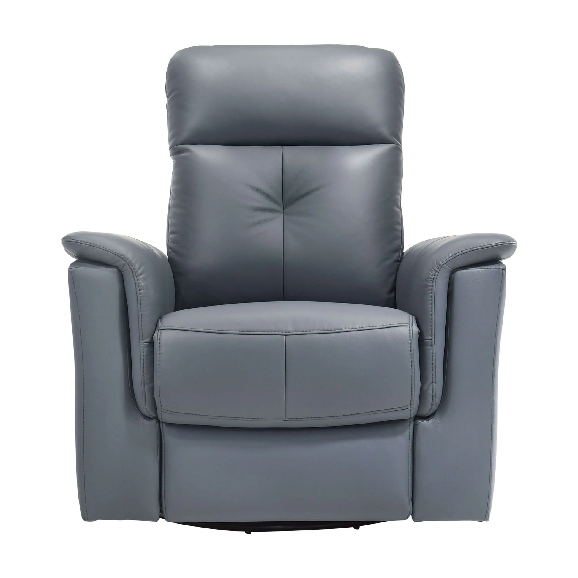 Front view of a blue gray leather recliner chair on a white background