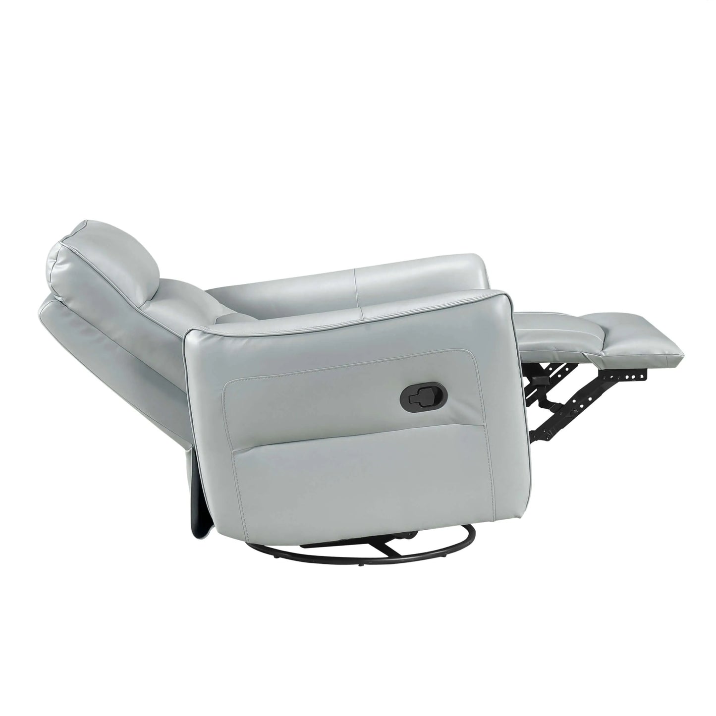 Side view of a fully reclined light blue leather recliner chair on a white background
