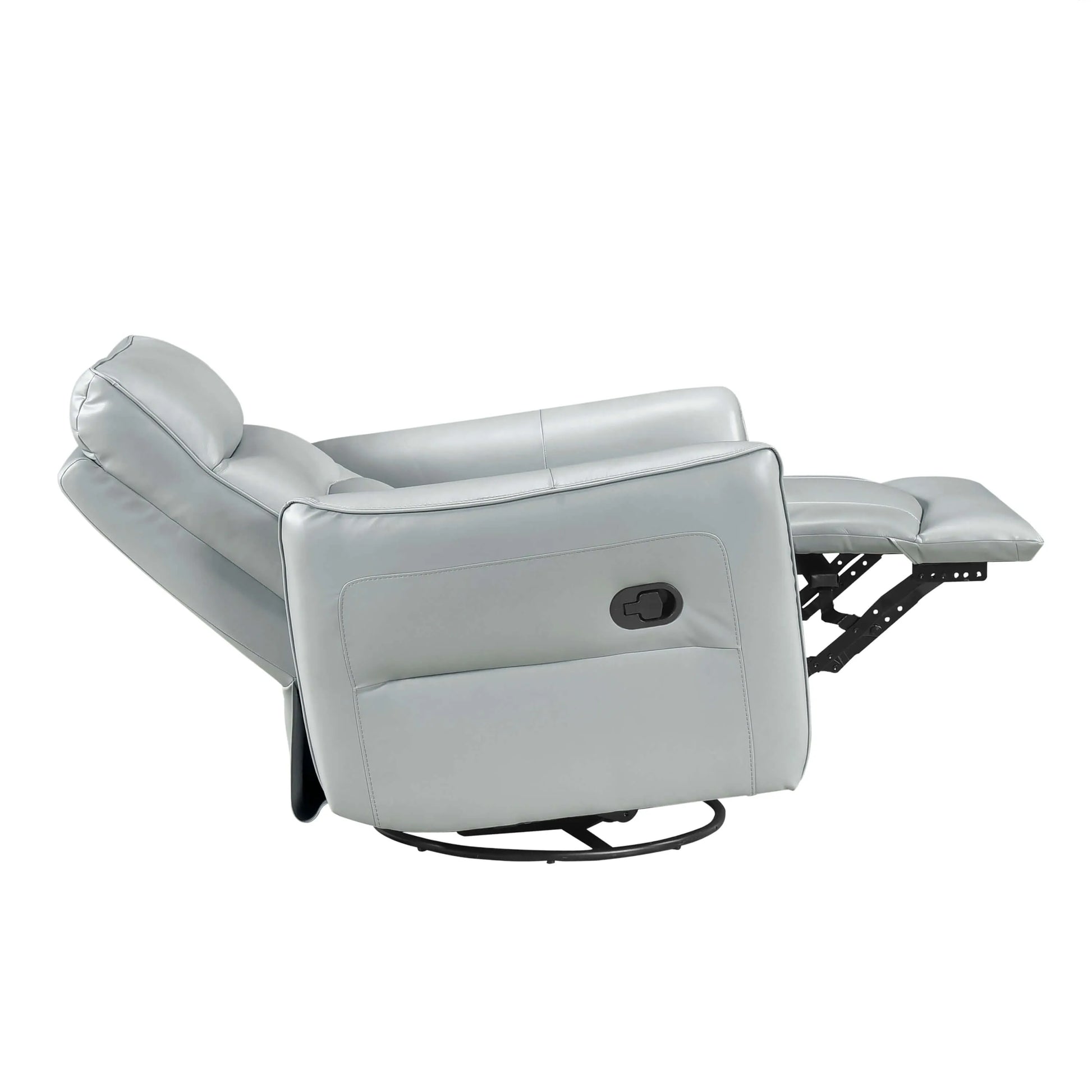 Side view of a fully reclined light blue leather recliner chair on a white background
