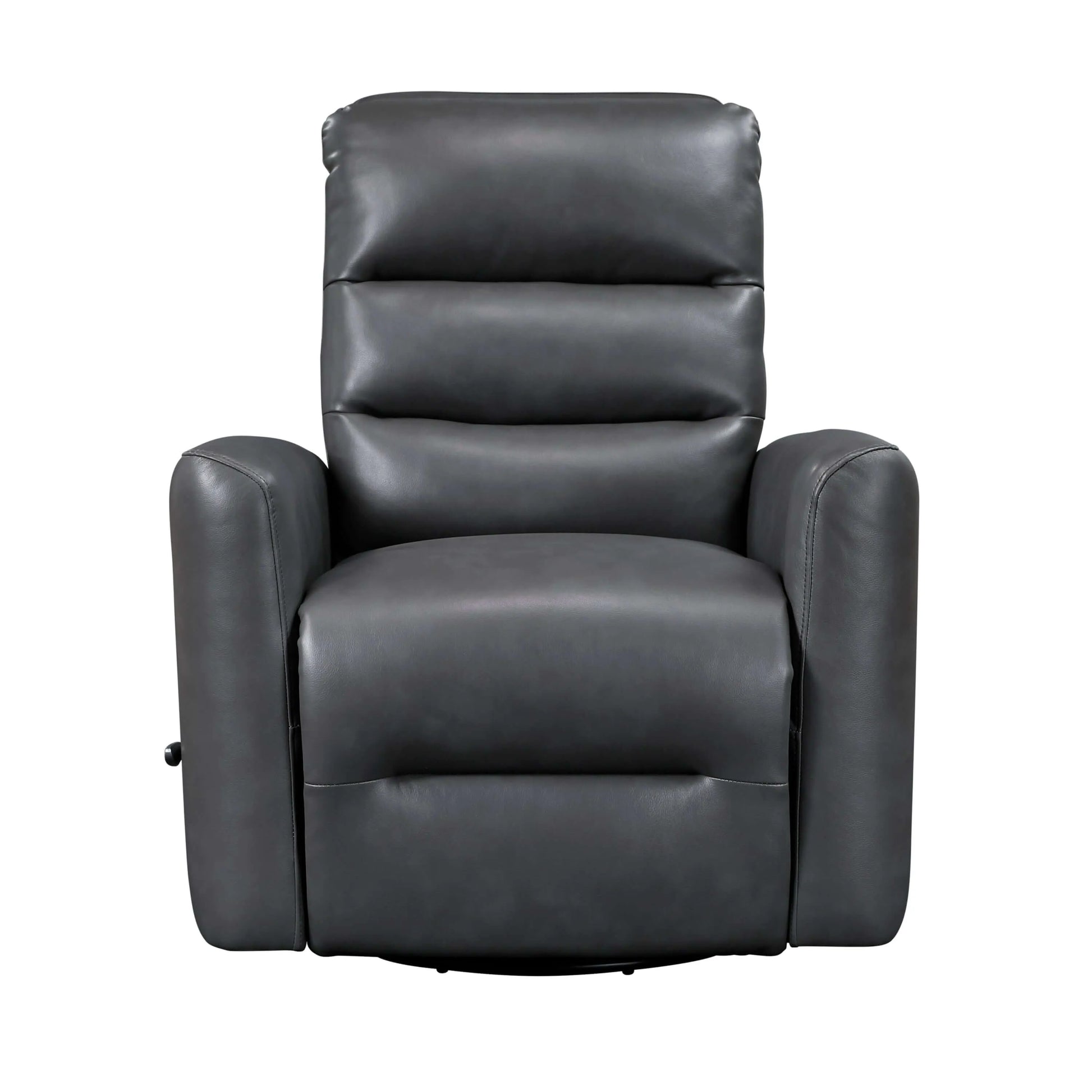 Front view of a gray leather recliner chair on a white background
