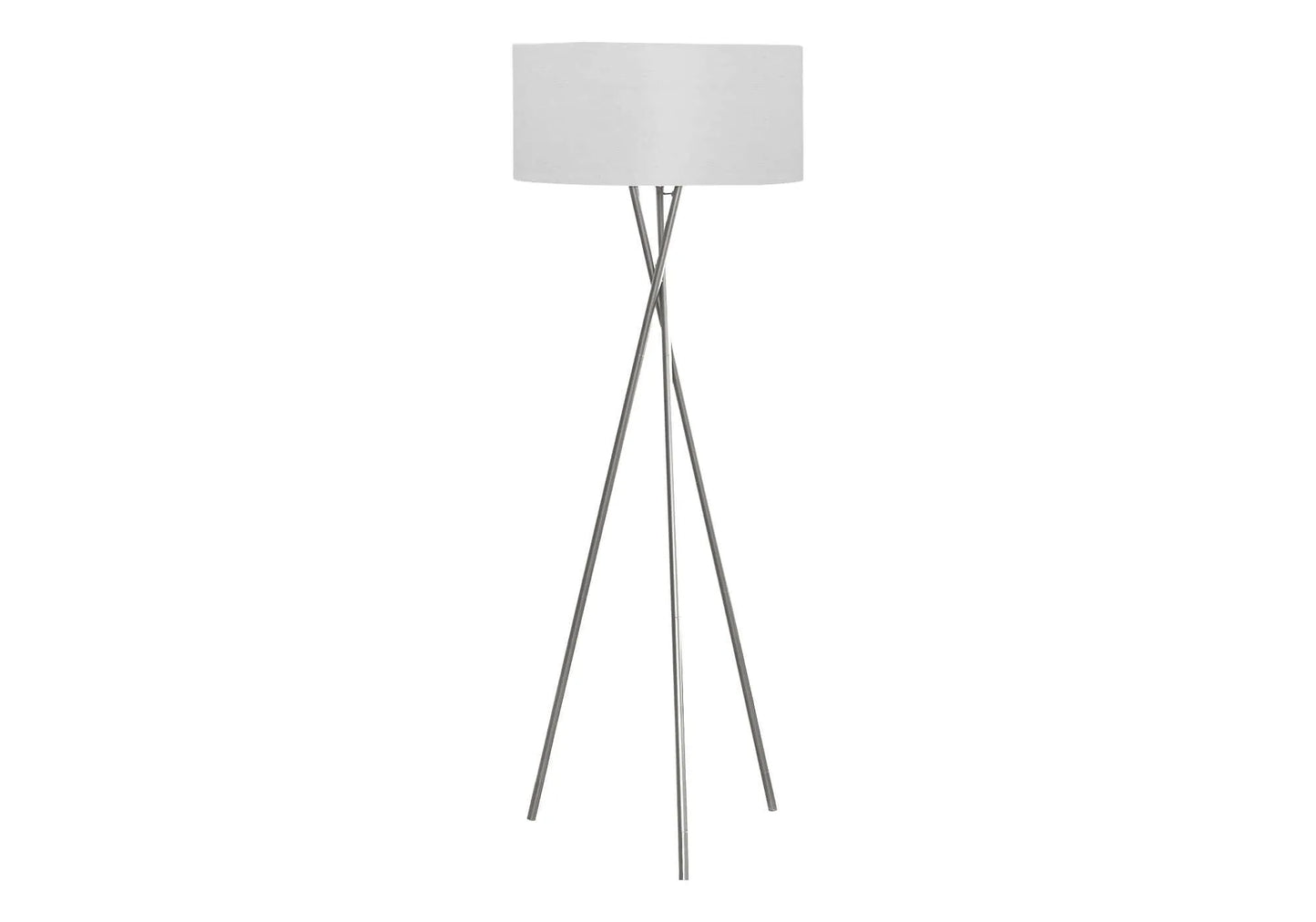 Tripod floor lamp with silver legs and a white shade on a white background