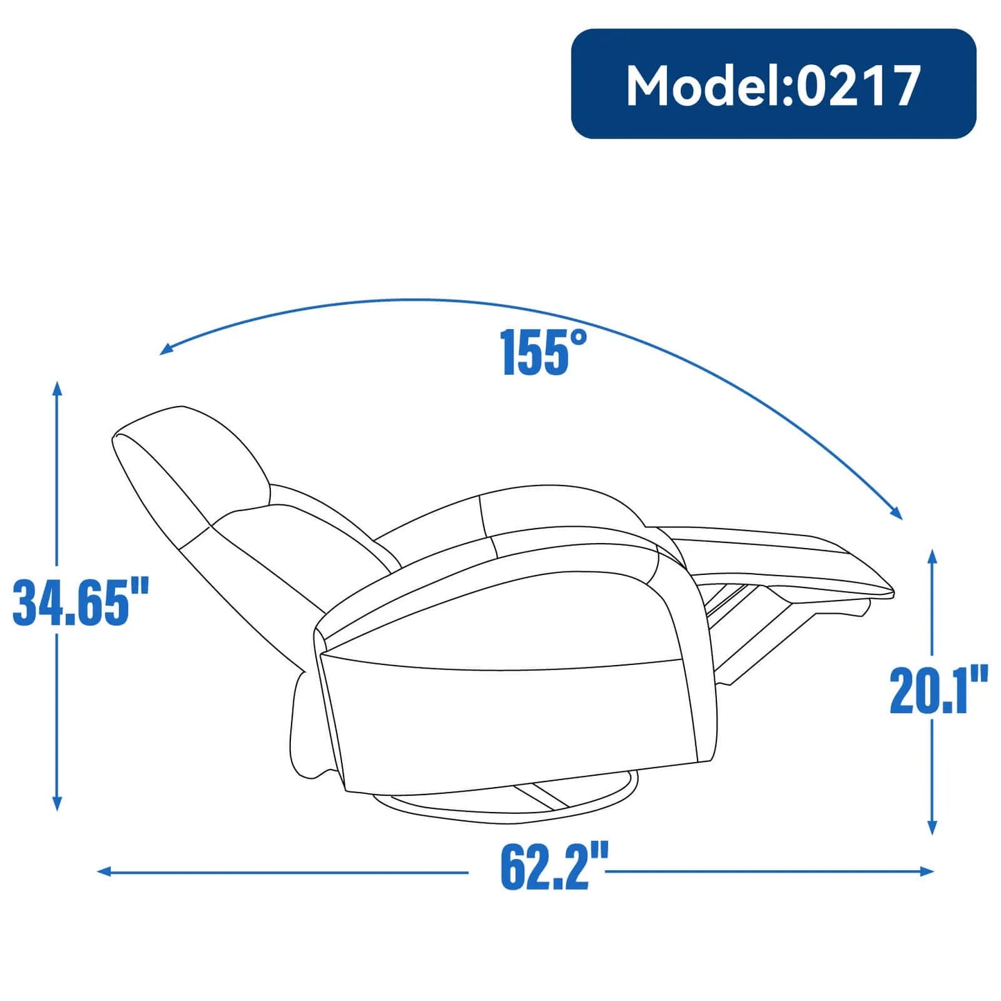 Outline of a recliner chair fully reclined with dimensions labeled on a white background
