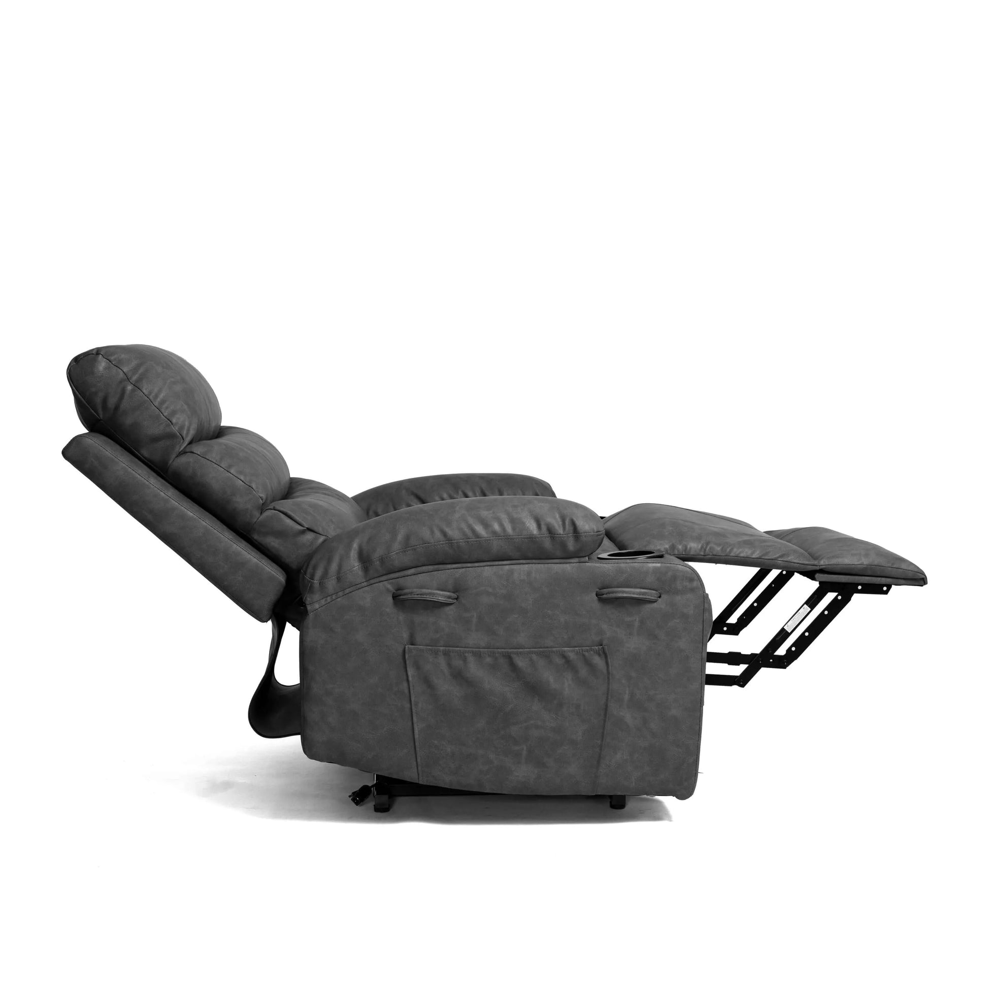 Side view of a gray faux leather power lift recliner chair with cup holders, storage pockets and plush armrests in a fully reclined position on a white background