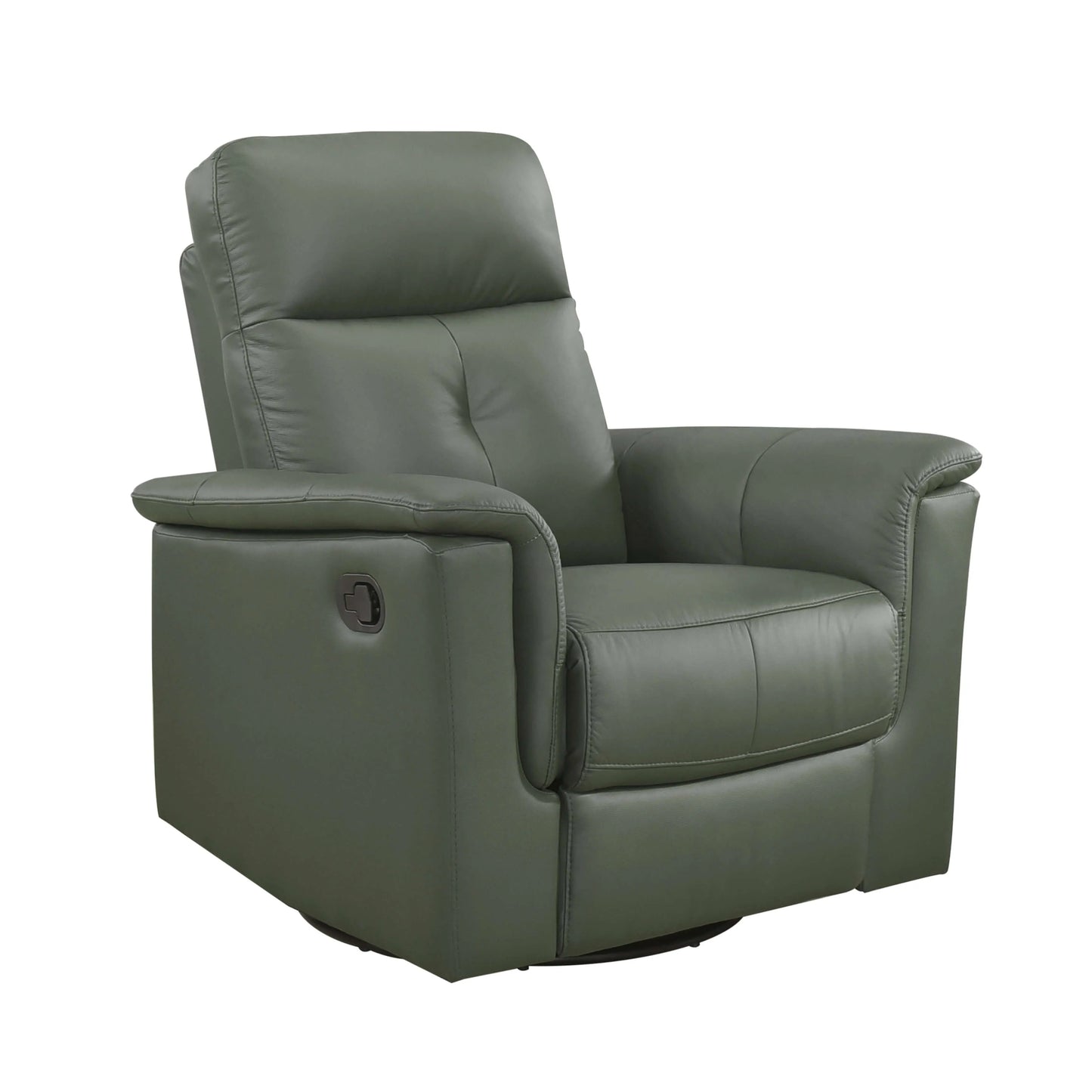 Right angle green leather swivel glider recliner chair showing pull tab on a white background