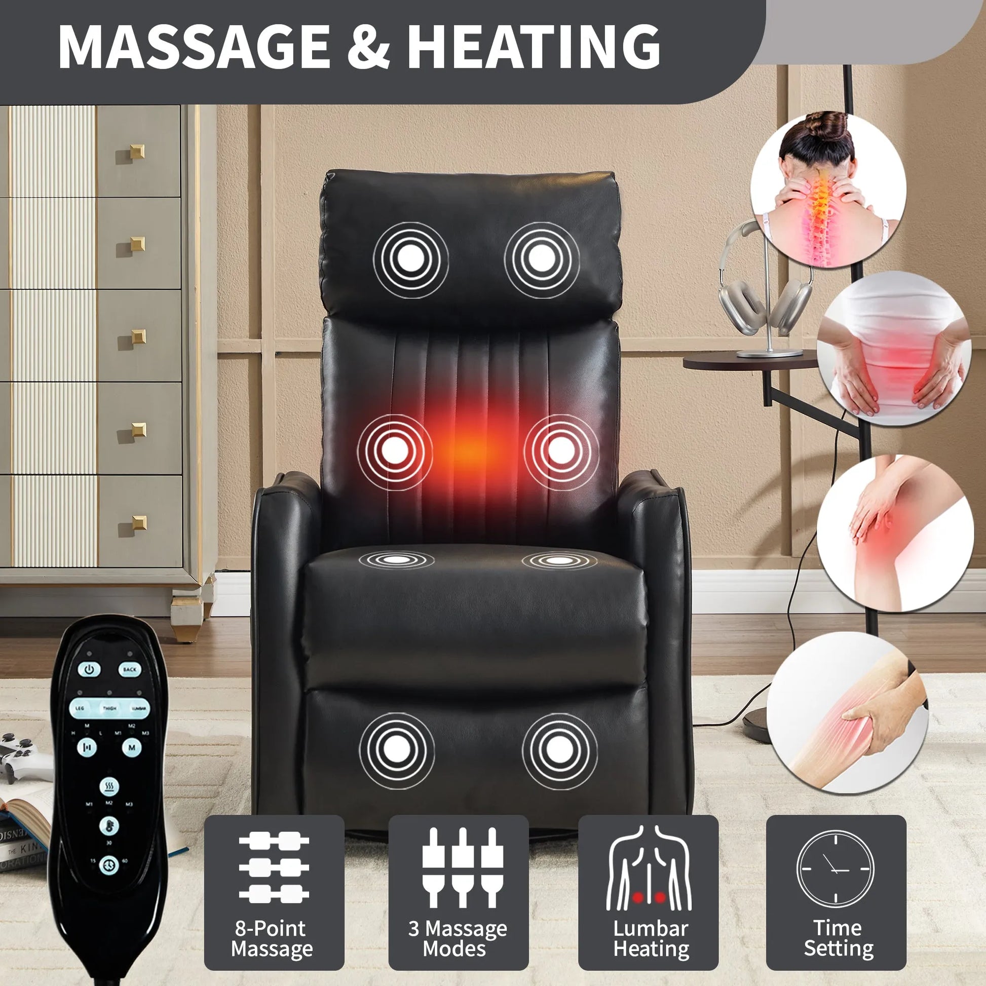 Black massage recliner chair with heating function in a room setting, featuring remote control and massage mode indicators.