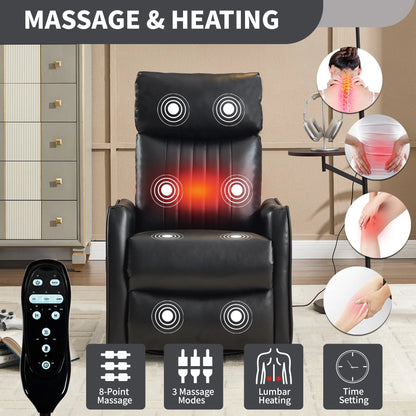 Black massage recliner chair with heating function in a room setting, featuring remote control and massage mode indicators.