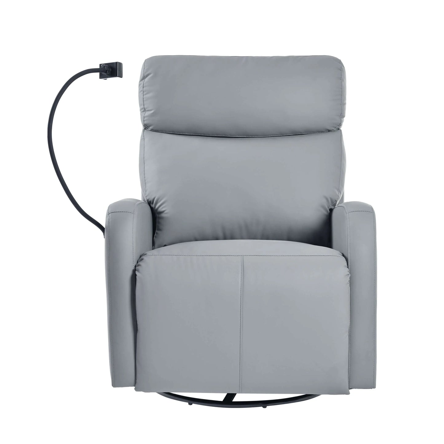 Front view of a gray recliner chair with phone holder and black round base on a white background