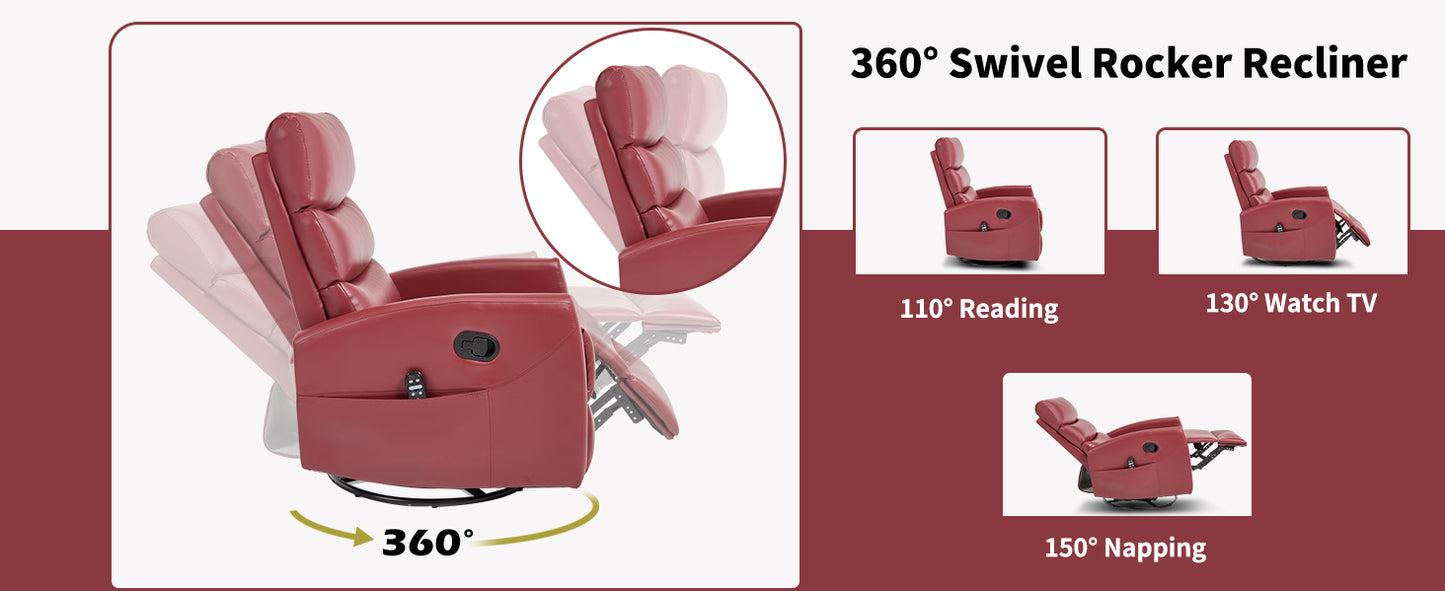 Red recliner chair with swivel rocker feature and various usage angles shown.