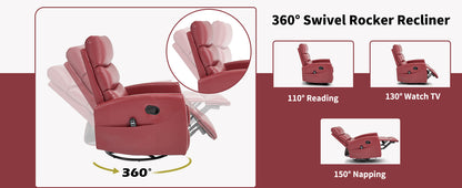 Red recliner chair with swivel rocker feature and various usage angles shown.