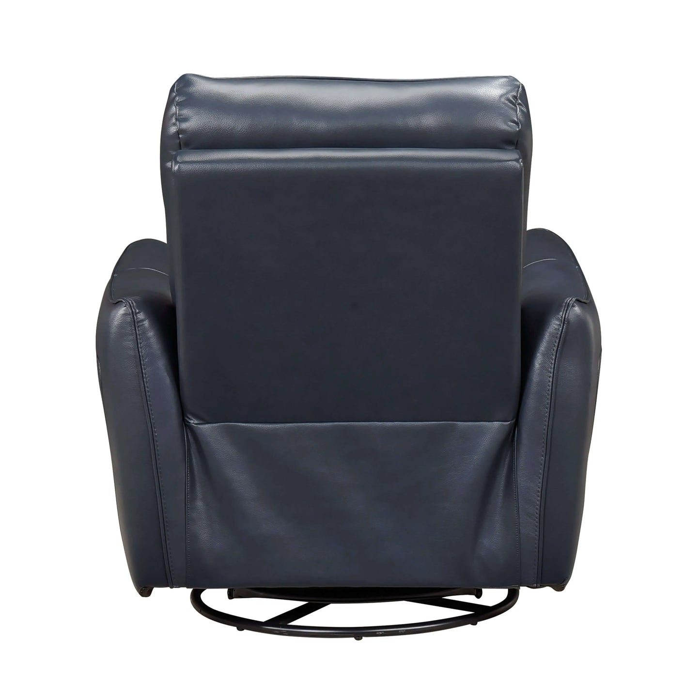 Back view of a blue leather recliner chair on a white background