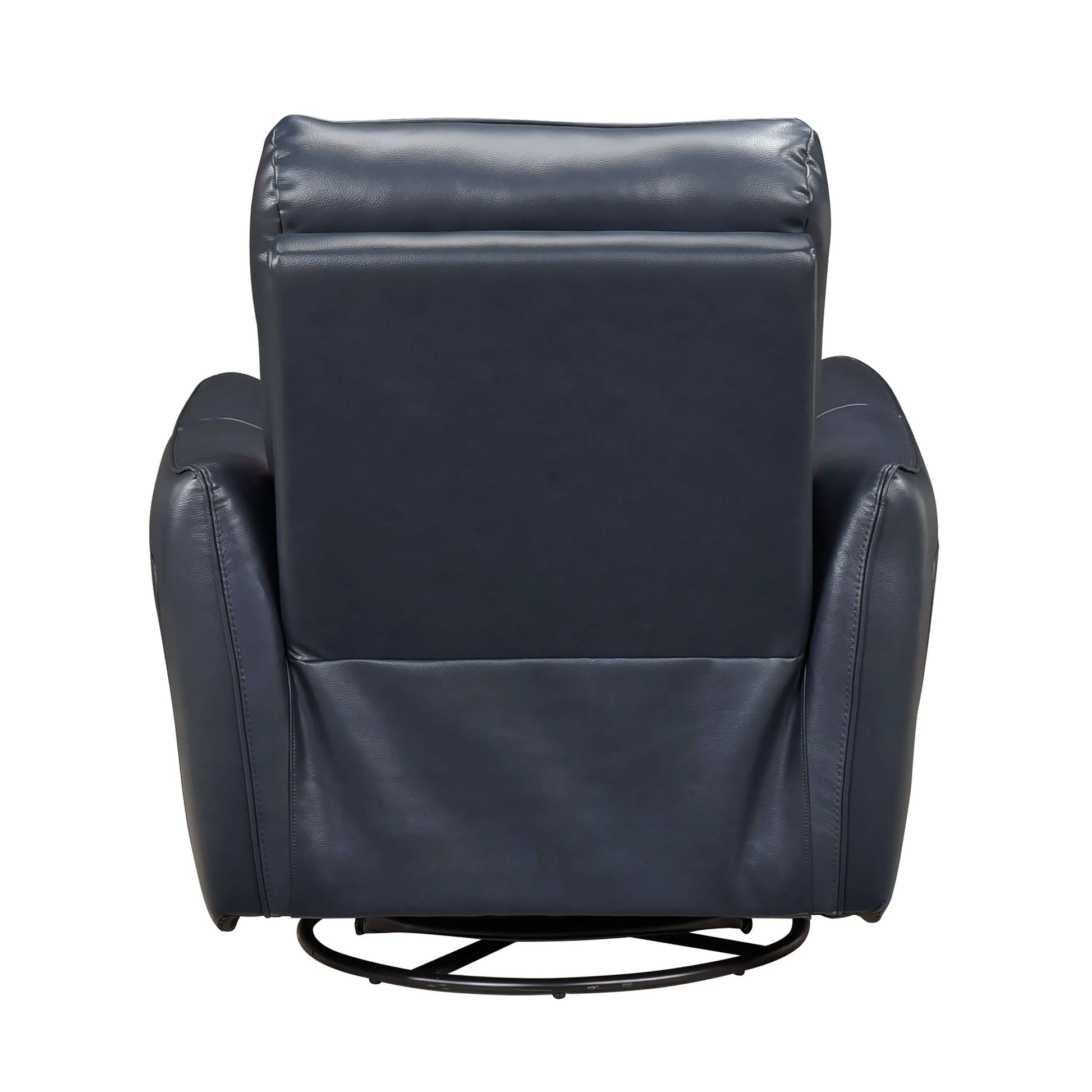 Back view of a blue leather recliner chair on a white background