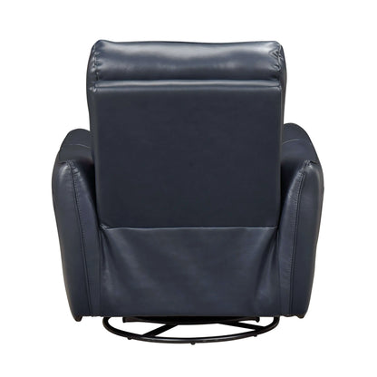 Back view of a blue leather recliner chair on a white background