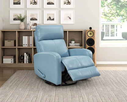 Blue recliner chair in a living room setting with bookshelf and window.