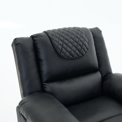 Close up of a black leather recliner chair quilted backrest on a white background