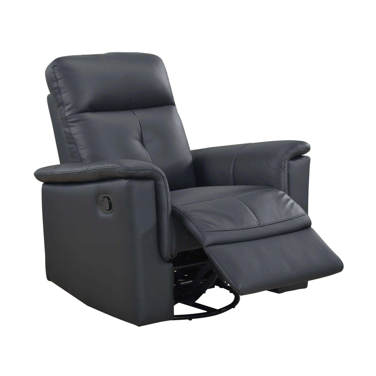 Black leather recliner chair with footrest extended and black swivel base on a white background