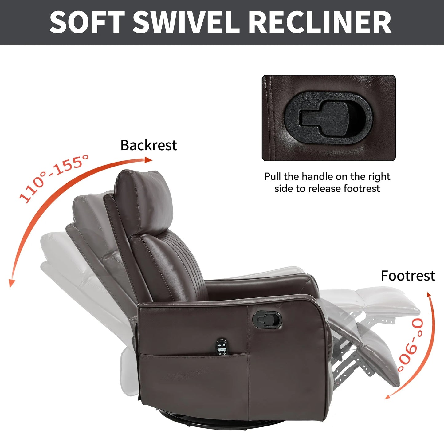Brown soft swivel recliner chair with labeled parts and instructions on a white background