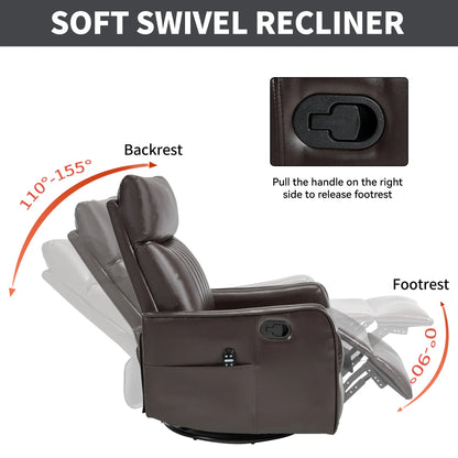 Brown soft swivel recliner chair with labeled parts and instructions on a white background