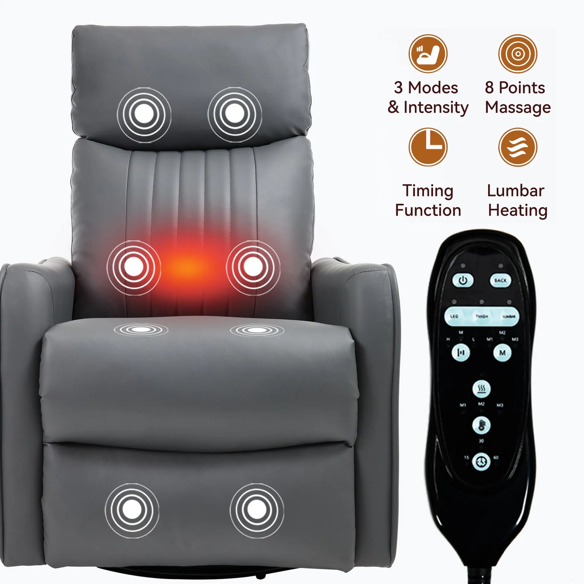 Gray massage chair with remote control with heating and massage functions displayed.