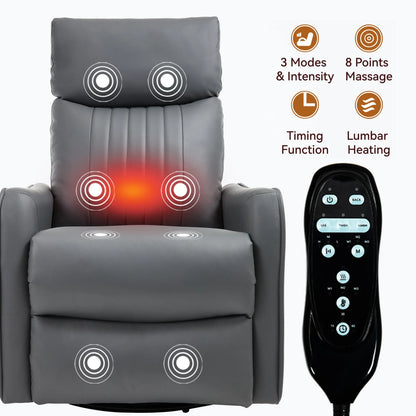 Gray massage chair with remote control with heating and massage functions displayed.