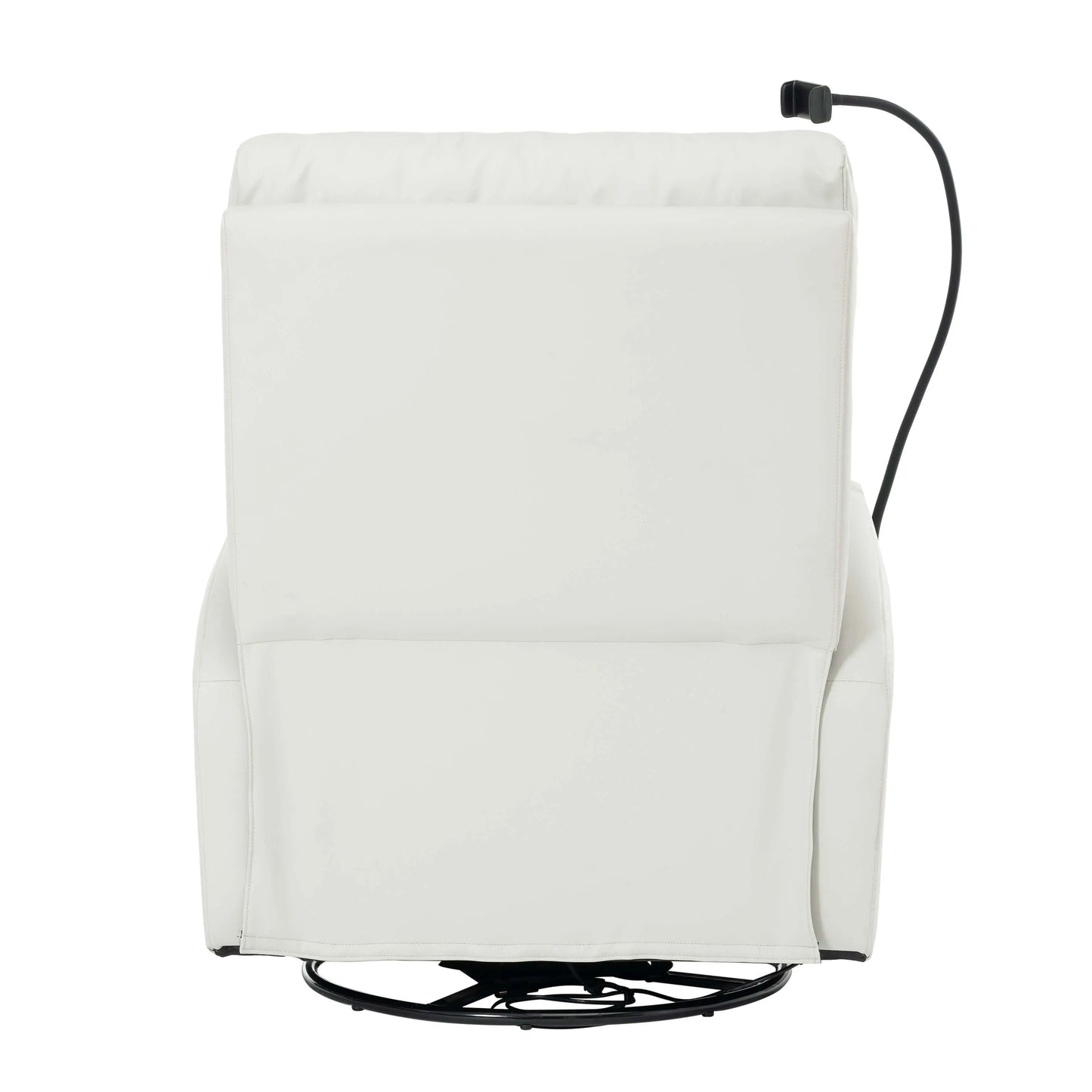Back side view of a swivel recliner chair with a black base on a white background