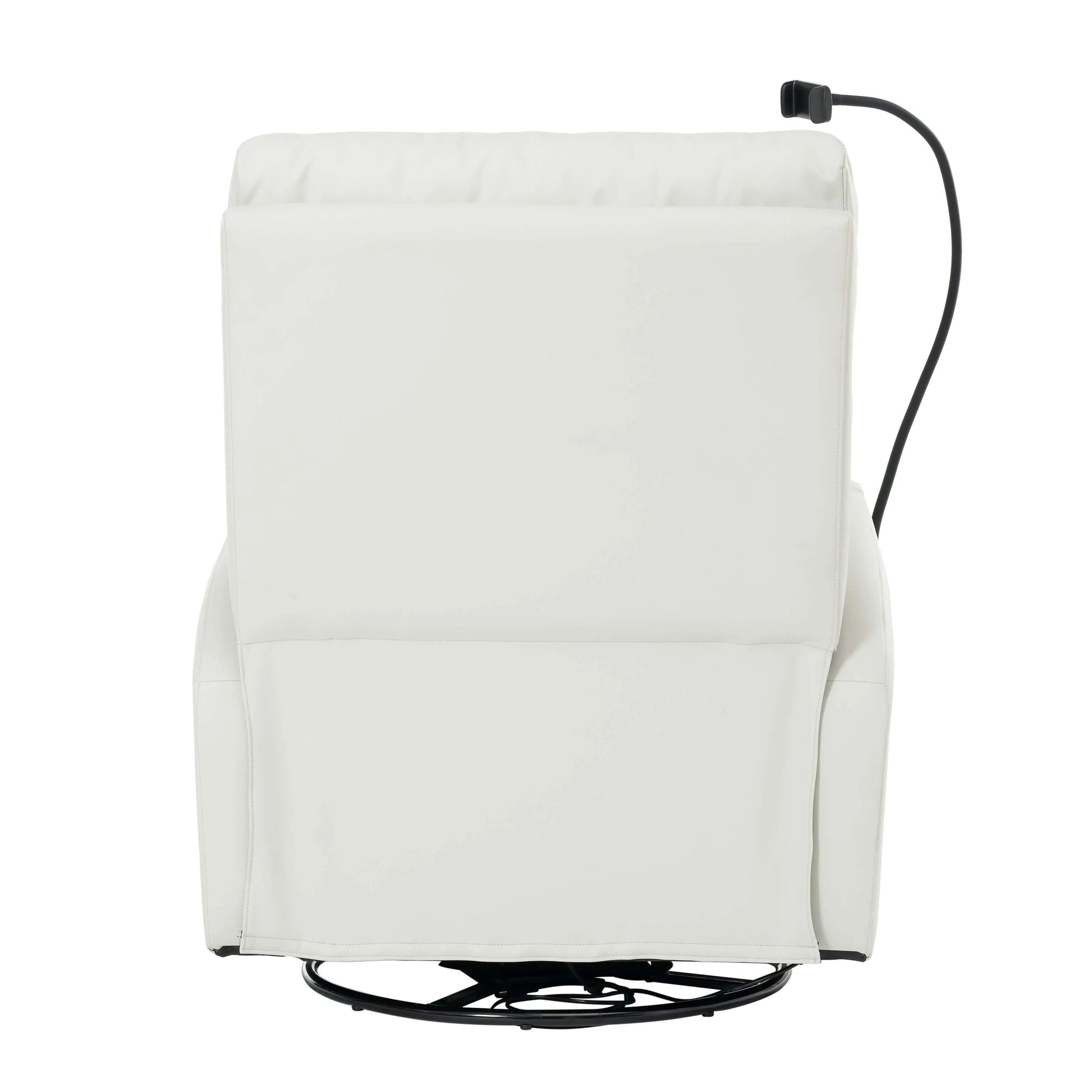 Back side view of a swivel recliner chair with a black base on a white background