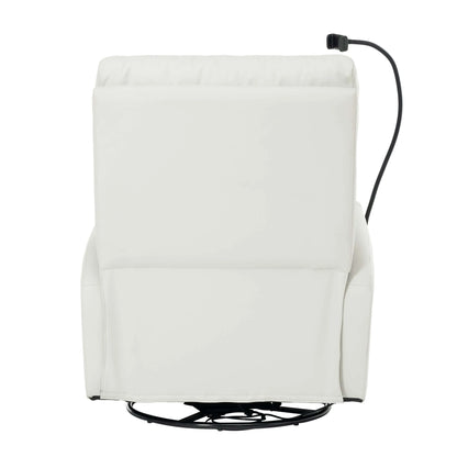 Back side view of a swivel recliner chair with a black base on a white background