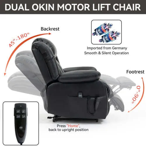 Black Dual Okin Motor Lift Chair with labeled parts and operation instructions on a white background