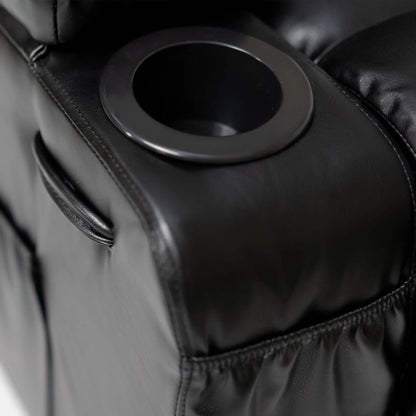 Close up of a cup holder on an overstuffed armrest of a black faux leather power lift recliner