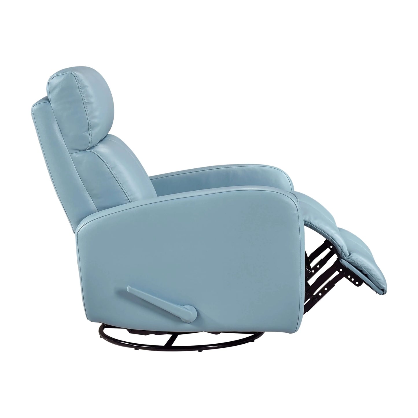Side view of a blue recliner chair partially reclined on a white background