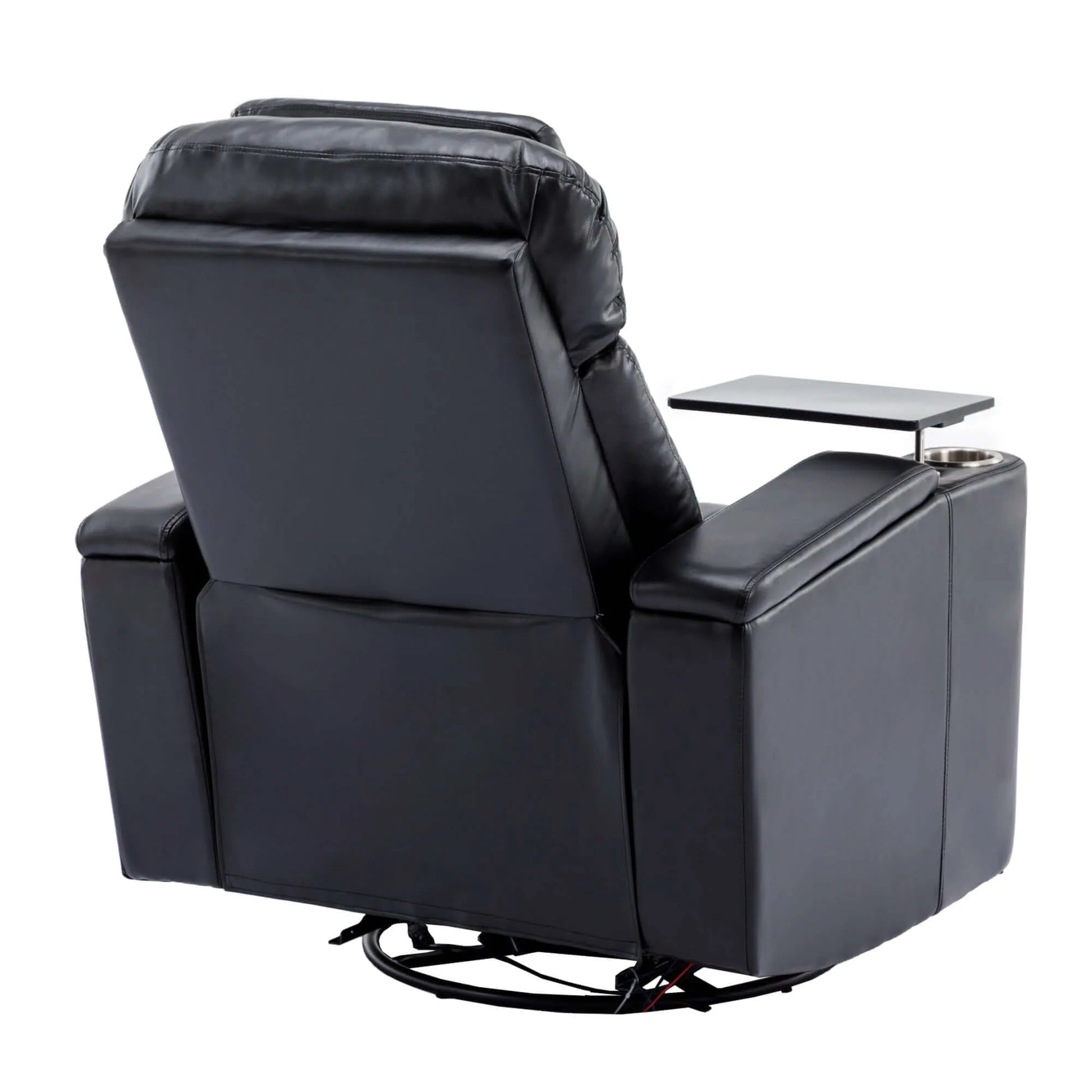 Black leather recliner chair with a small table on a white background