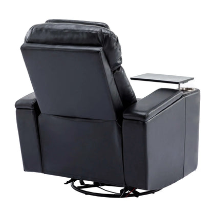 Black leather recliner chair with a small table on a white background