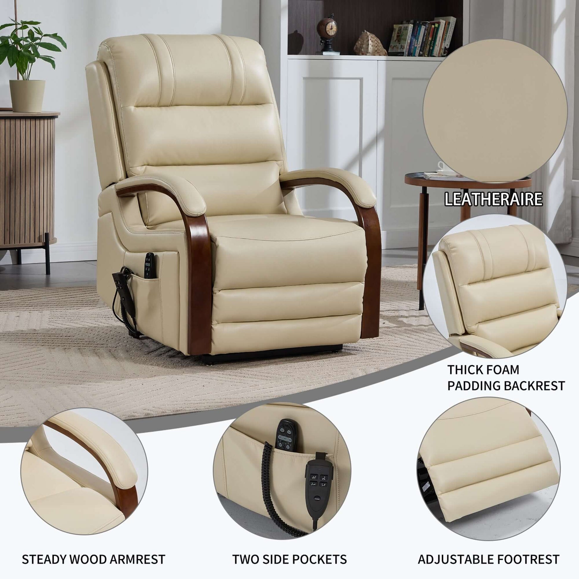 Beige faux leather recliner chair with features highlighted on a white background
