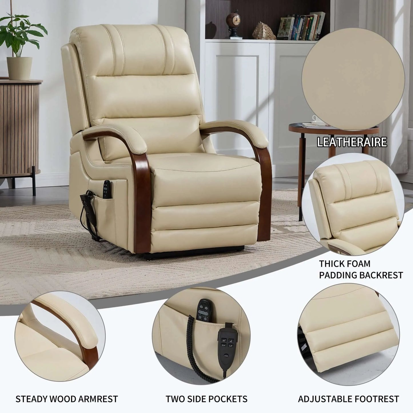 Beige faux leather recliner chair with features highlighted on a white background