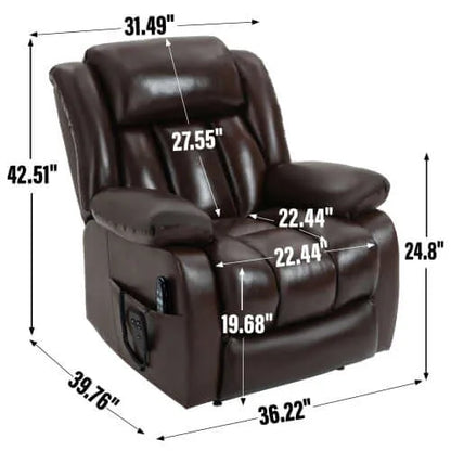 Brown recliner chair with dimensions labeled on a white background
