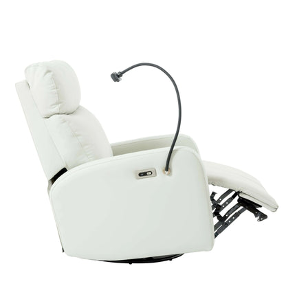 Side view of a light gray recliner chair with footrest extended and reclining mechanism on a white background
