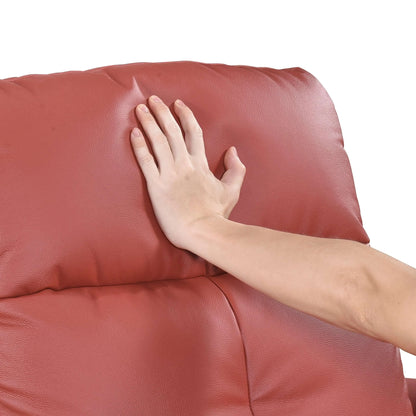 Red recliner chair with a hand touching back cushion on a white background