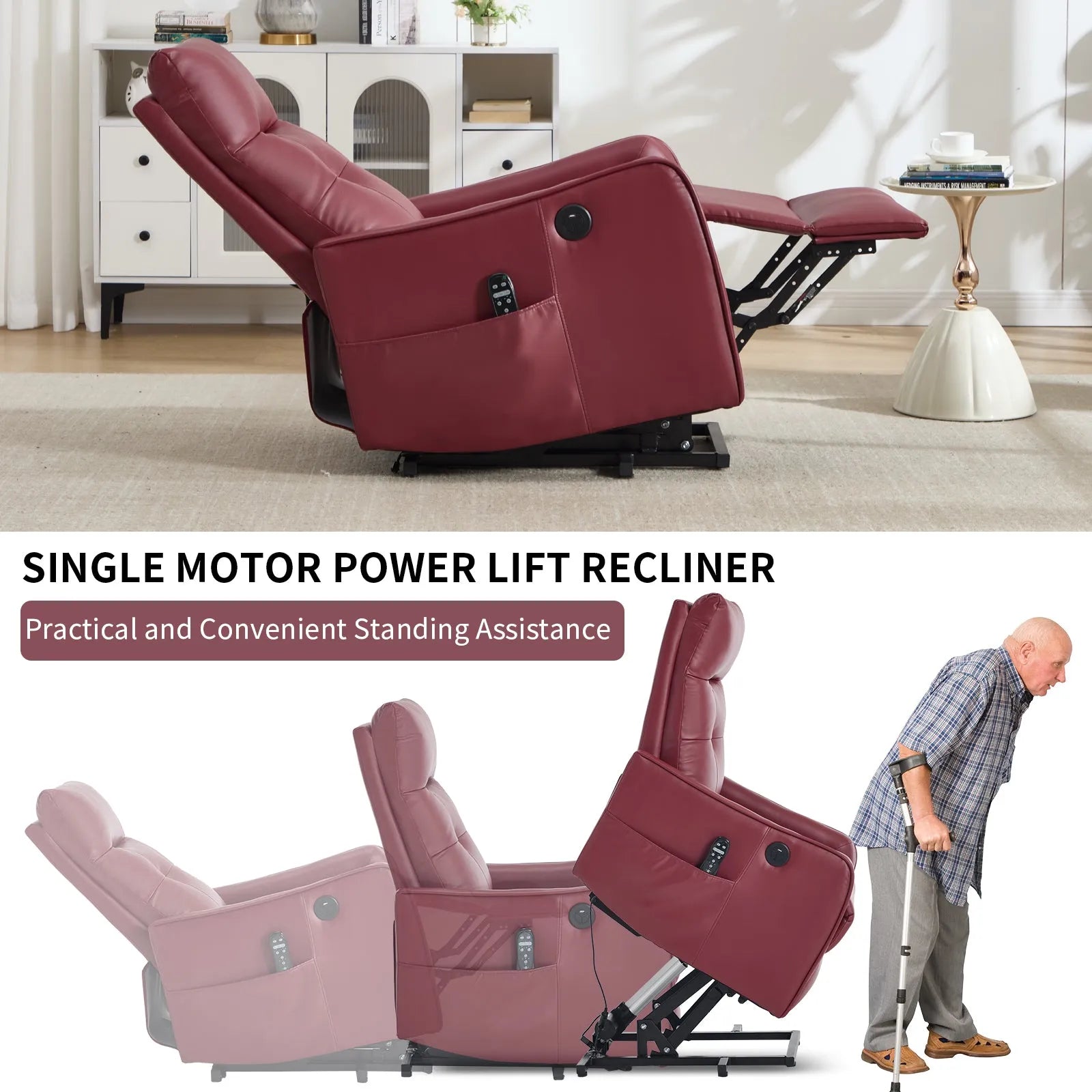 Red power lift recliner chair in a home setting with text highlighting its features.