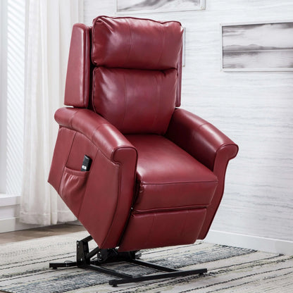 Red leather recliner lift chair in a room with white walls and blurry pictures.