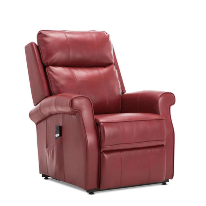 Red leather recliner chair with storage pocket on a white background
