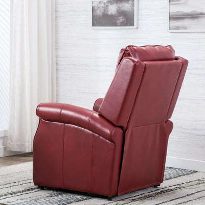 Red leather recliner chair in a room with white walls and a window.