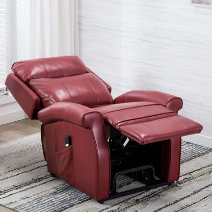 Fully reclined red leather recliner chair in a room with white walls and a rug.