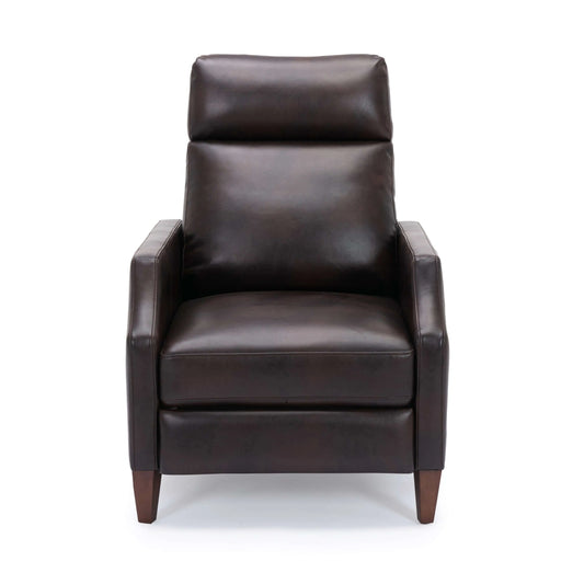 Front view of a brown leather recliner chair with wooden legs on a white background