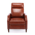 Front view of a brown leather recliner chair on a white background