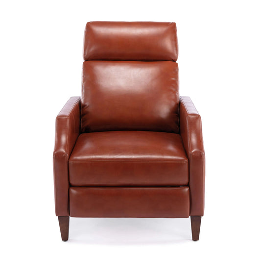 Front view of a brown leather recliner chair on a white background