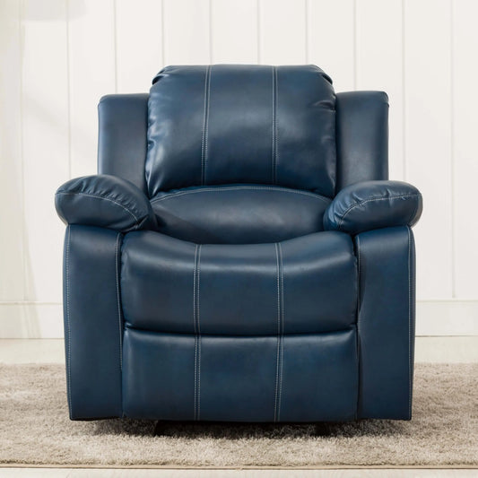 Blue leather recliner chair on a neutral background