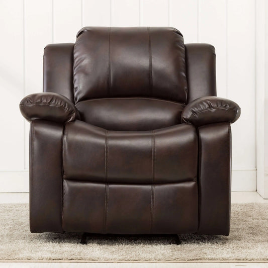 Brown leather recliner chair on a beige carpet with a white paneled wall background