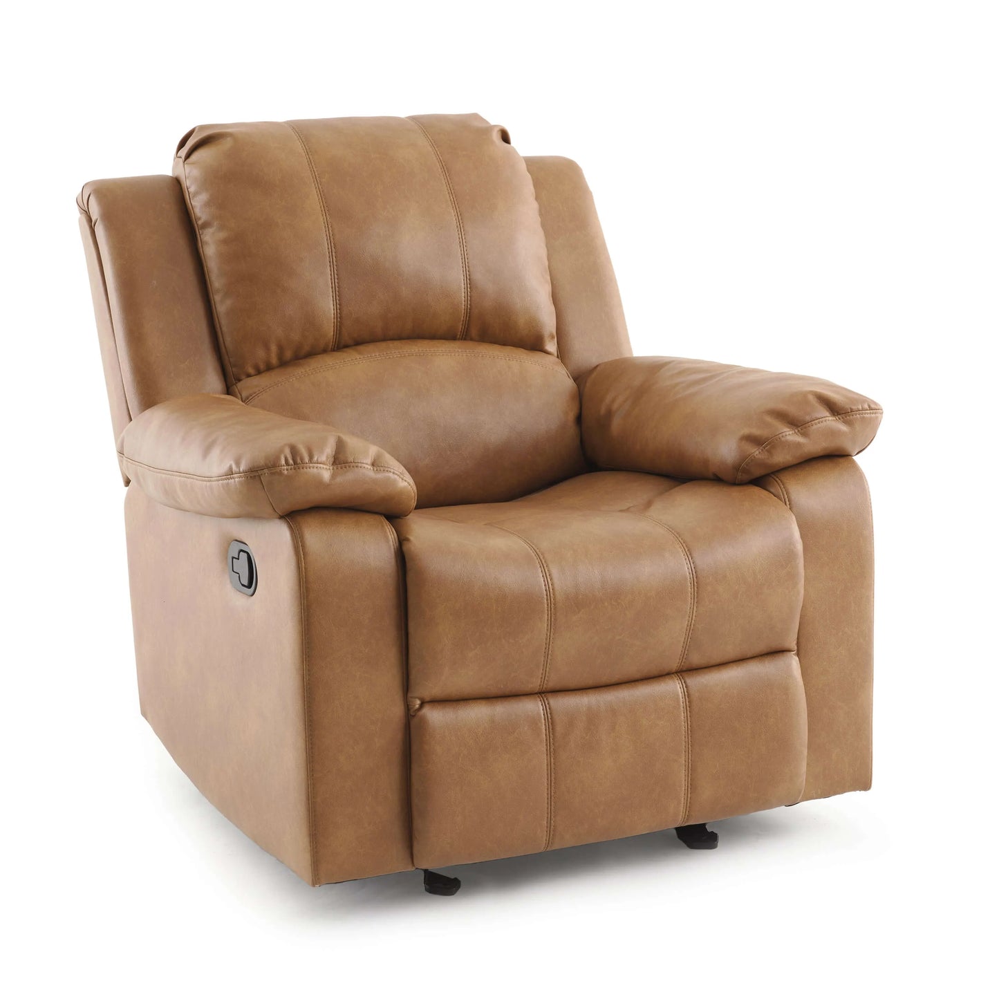 Brown leather recliner chair with stitching details on a white background