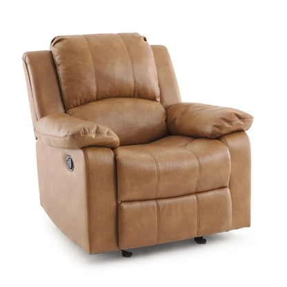 Brown leather recliner chair with stitching details on a white background