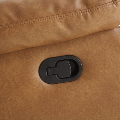 Close-up of a brown leather recliner chair manual pull handle. 