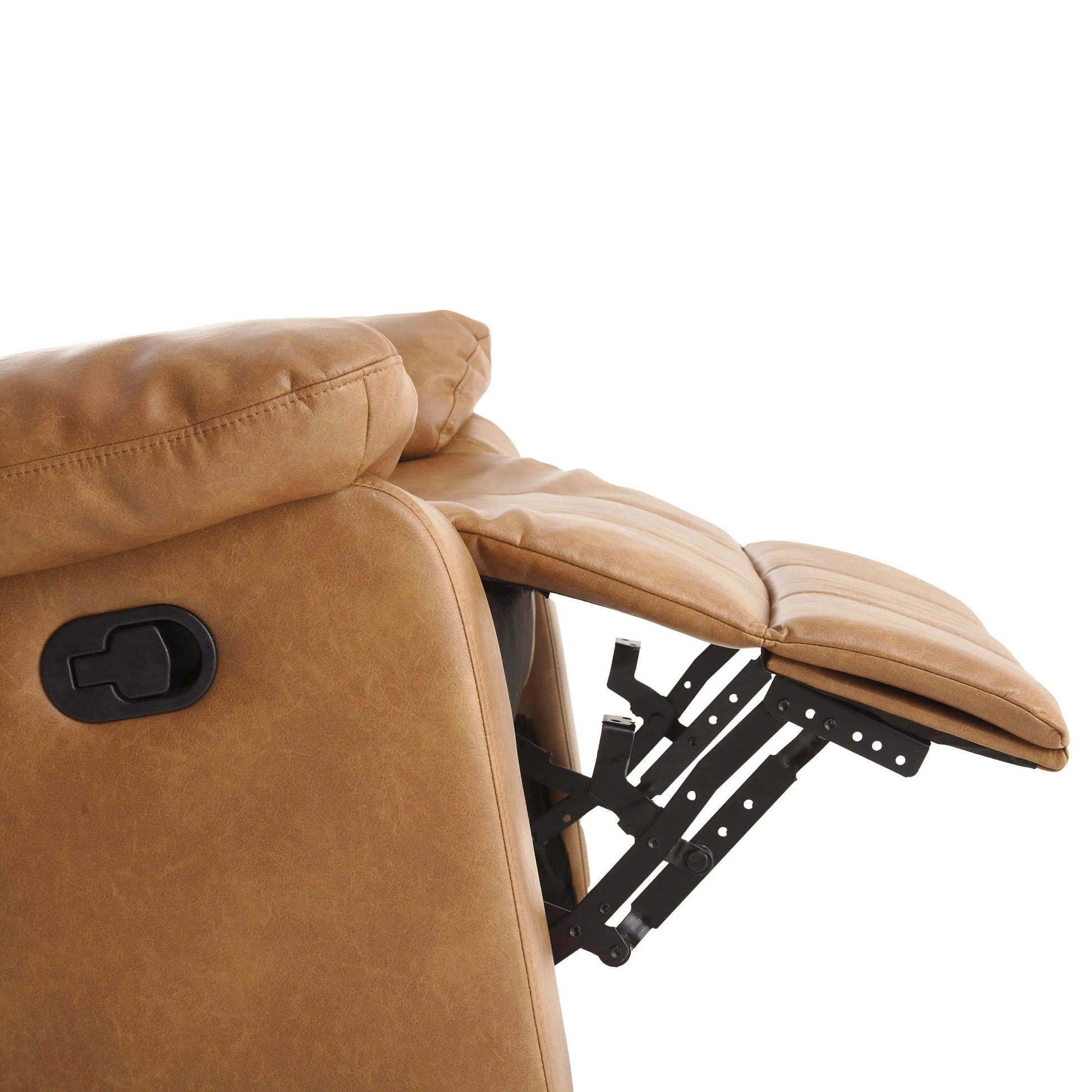 Close up of a brown leather recliner chair extended footrest with a black metal bracket on a white background